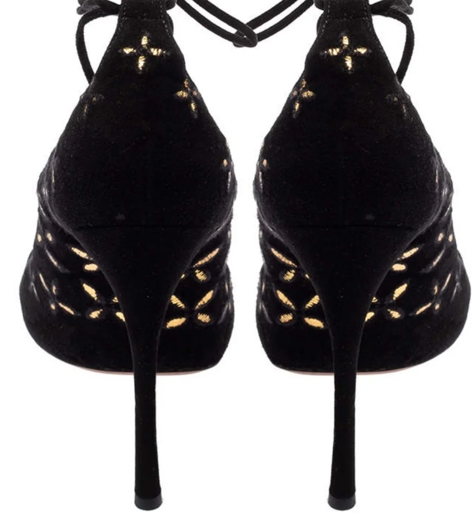 ALAIA |New in Box Black Suede w/Metallic Gold Floral Trim Open Toe Pumps S… - Picture 8 of 16